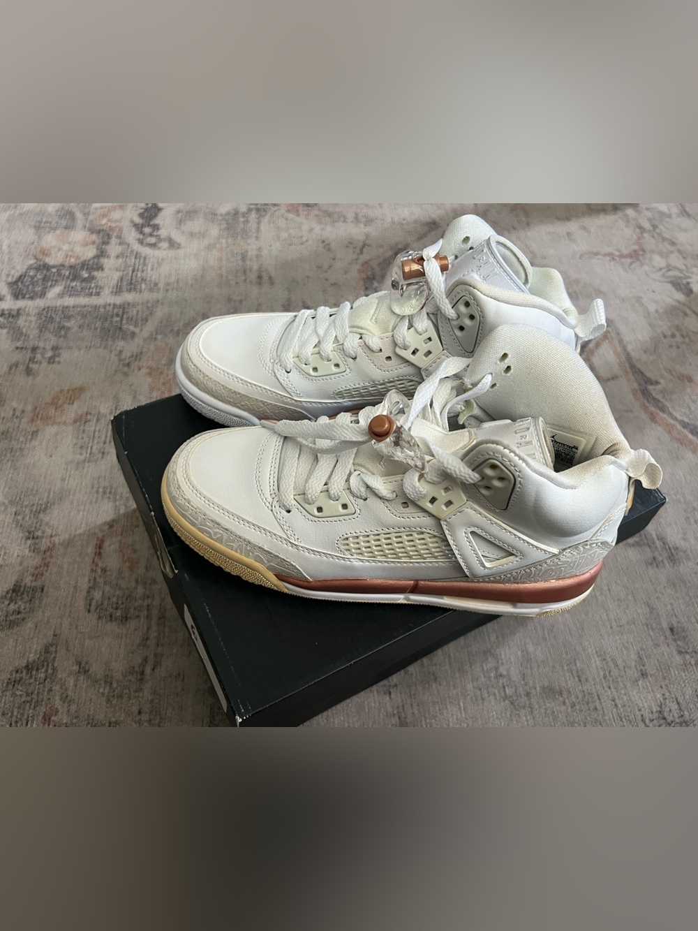 Jordan Spizike Kids White and Rose Copper Accent Sneakers 4.5Y